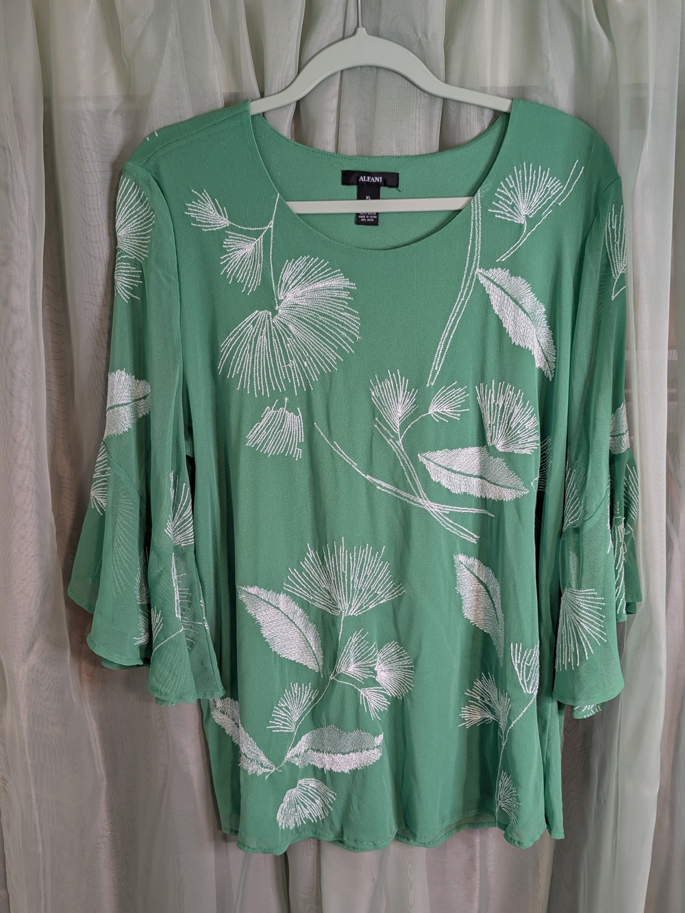 Alfani Green Floral Embroidered Bell-Sleeve Top